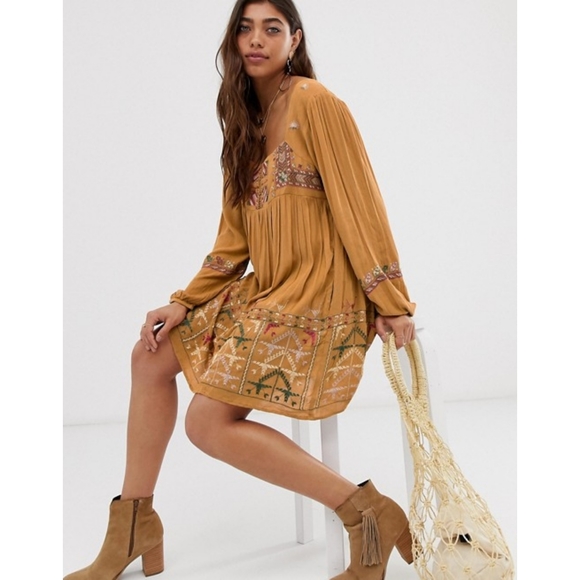 Free People Rhiannon Embroidered Mustard Mini - Picture 2 of 10
